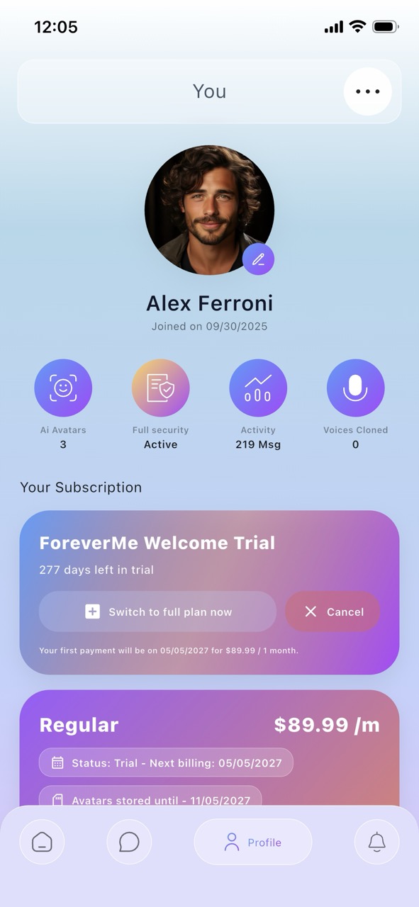 ForeverMe profile and subscription screen